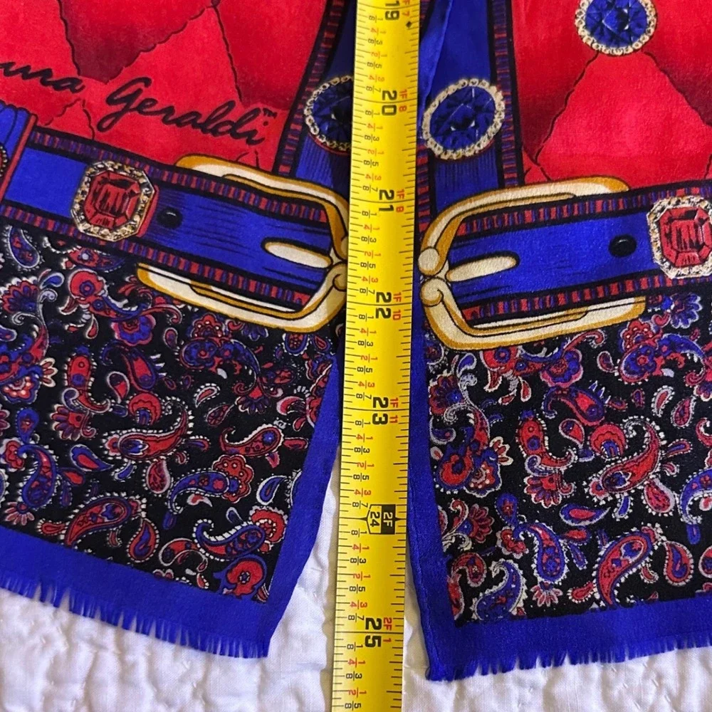 Laura Geraldi Silk Scarf Red Blue Equestrian Paisley Jewel Print Fringed Oblong